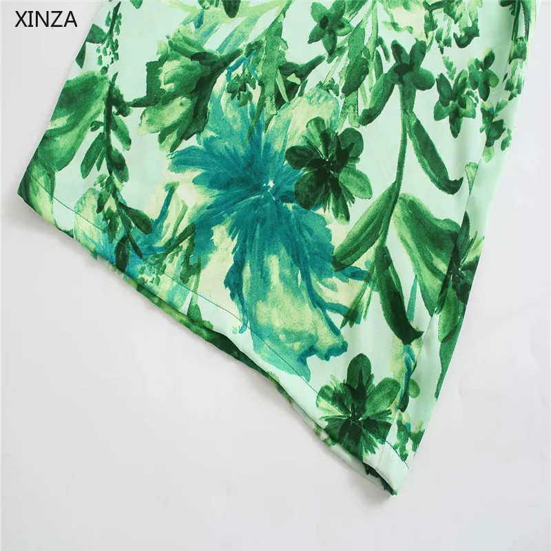 

2021 Za Summer Women Tropical Print Long Jumpsuit Vintage Tied V Neck Straps Backless Green Jumpsuits Back Zip Casual Romber