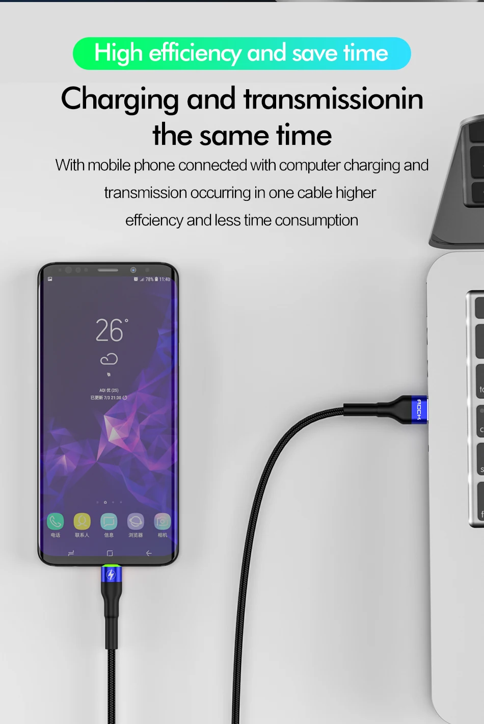 ROCK 5A Metal Led Light USB Type C Cable For Xiaomi Redmi Samsung OnePlus Huawei Mate 20 Pro Fast Charging Data USB C Quick 3.0