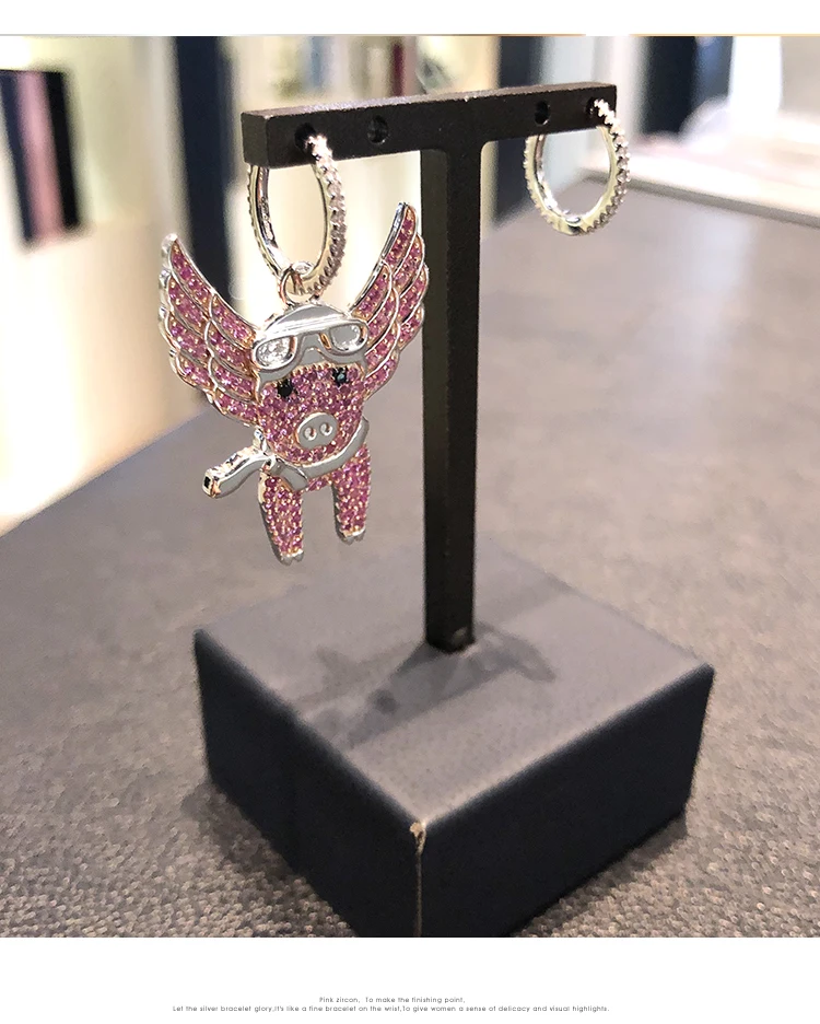 fashion monaco jewelry LAVIATEUR earrings pink white zircon stone flying pig women accessories fly | Украшения и аксессуары