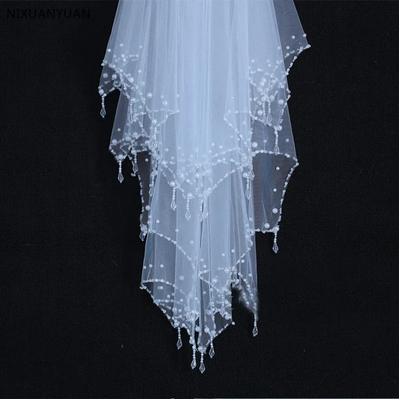 BlingBling White Ivory 80CM Short Bridal Veils Crystal Rhinestone Sequin Pearls Edge 2T Wedding with Comb Hot Accessories | Свадьбы и