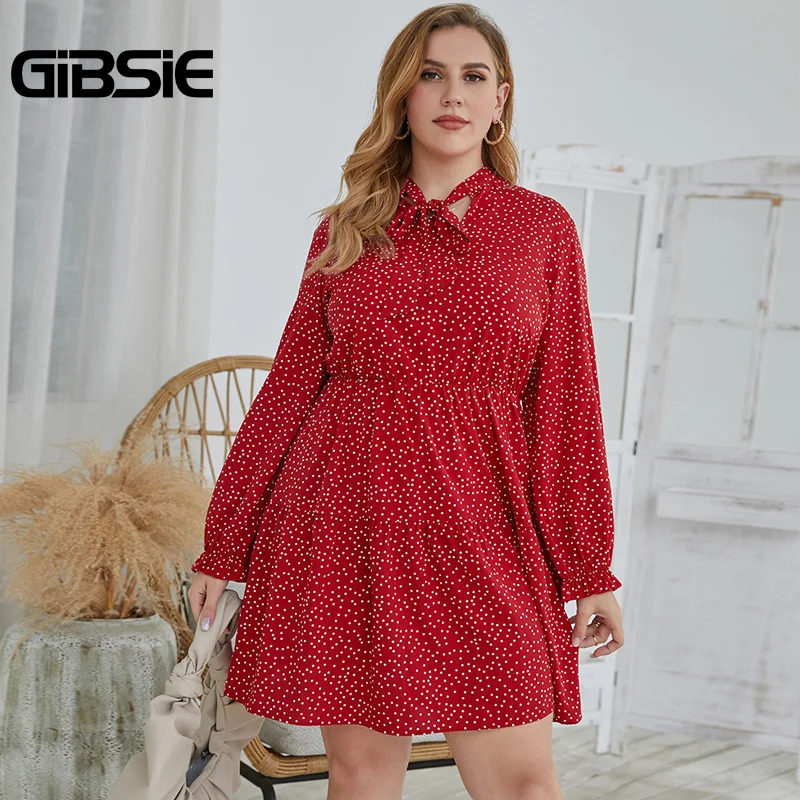 Женское платье в горошек GIBSIE размера плюс элегантное мини стиле ретро с длинным