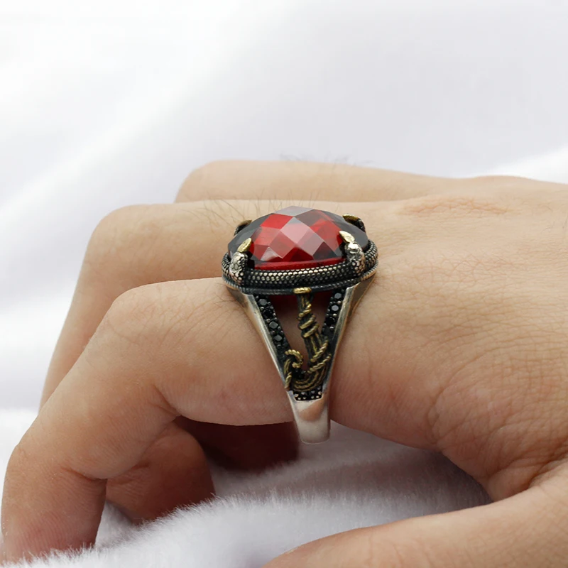 Настоящая искусственная Серебряная красная каменная значок кольцо с