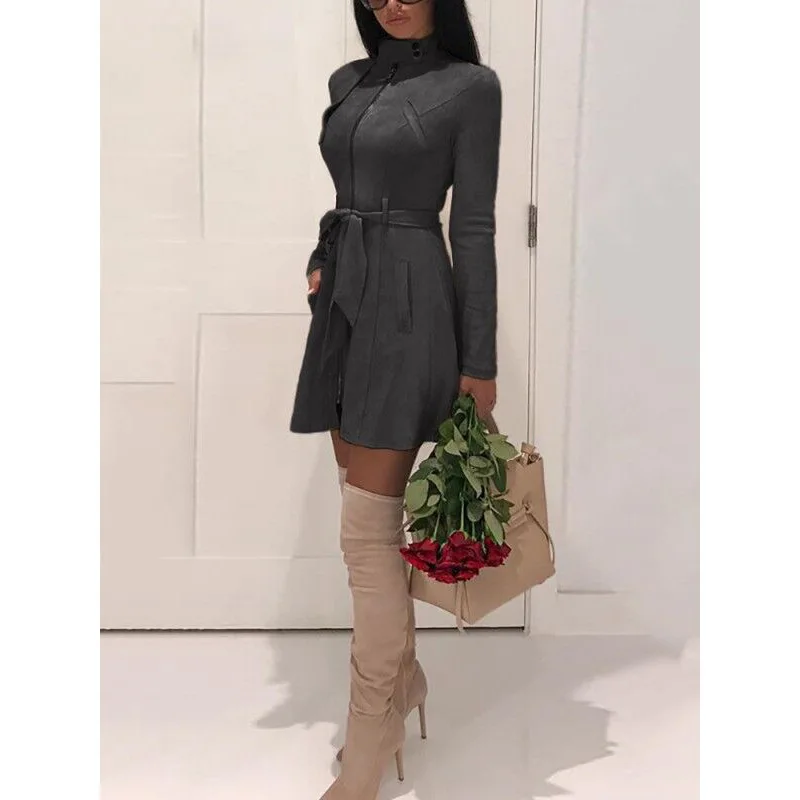 

New 2019 Fashion Office Lady Autumn Winter Dress Solid Stand Collar Long Sleeve Women Dress Plus Size Casual Vestidos With Belt