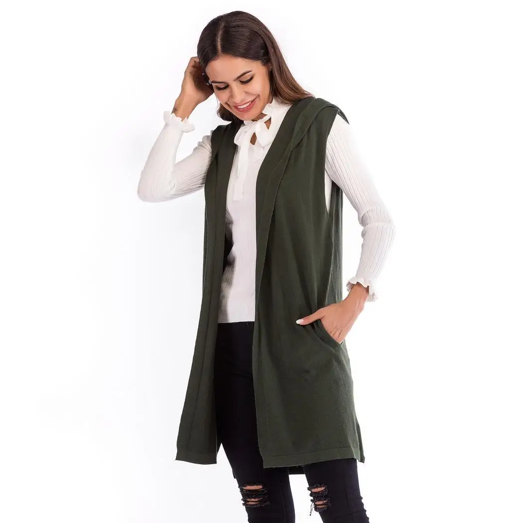 

Women Fashion Casual Solid Sleeveless Long Knit Sweater Cardigan Hooded Spring/Winter/Autumn Vest