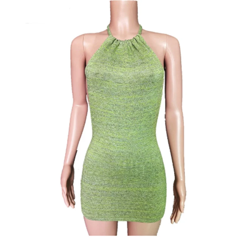 

FSDA 2021 Green Backless Mini Dress Beach Women Halter Neck Sleeveless Summer Black Off Shoulder Party Knit Bodycon Dresses Sexy