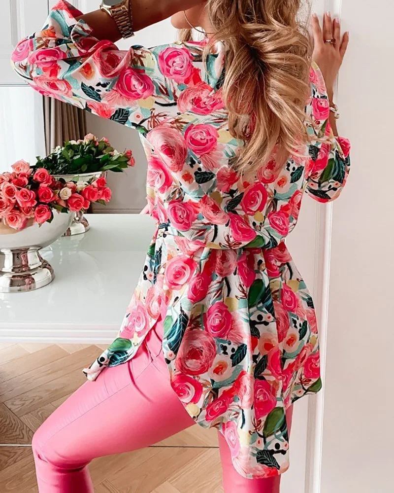 

Shirt skirt female print skirt female pink rose print lace-up shirt skirt