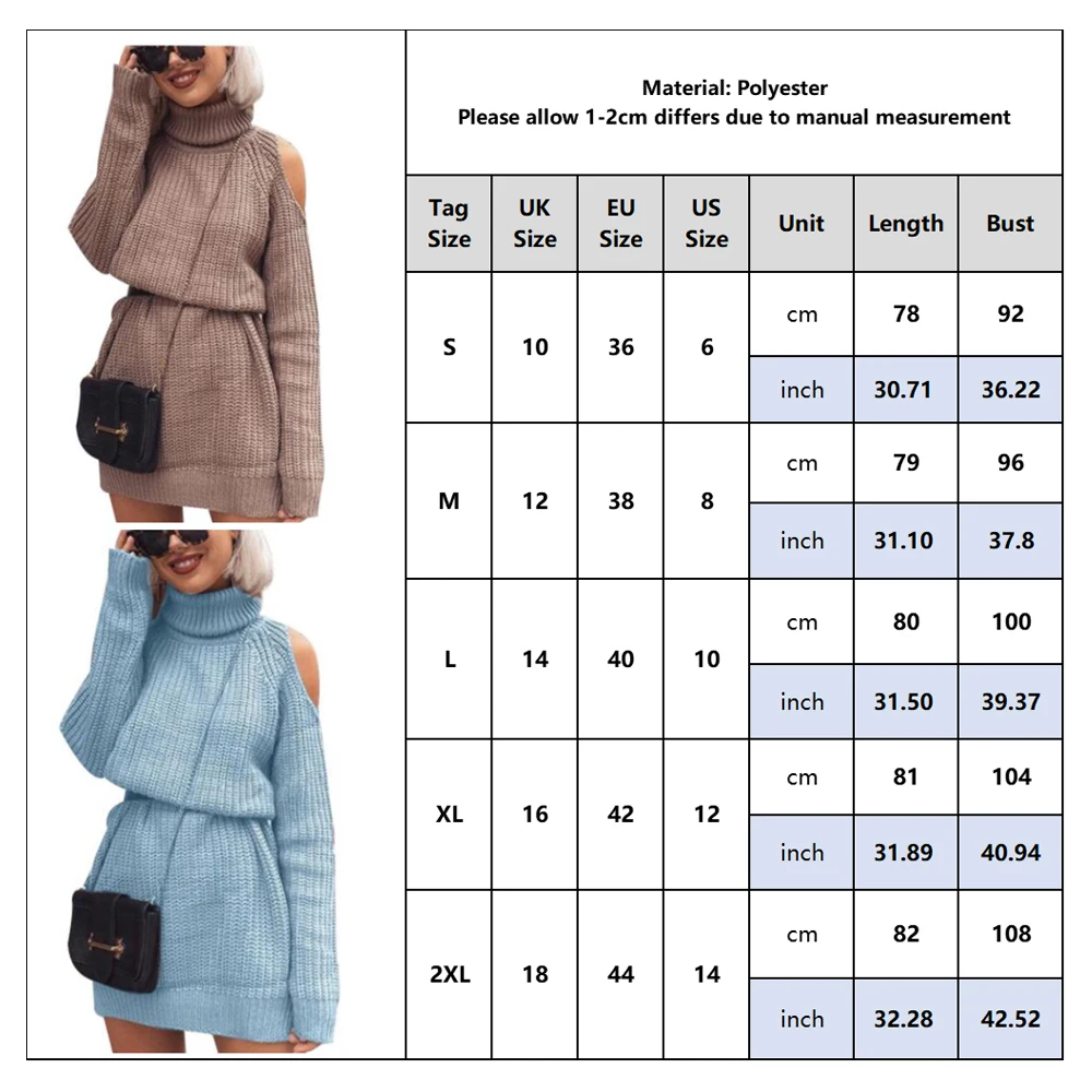 

V418 Women Turtleneck Off Shoulder Knitted Sweater Dress Lady Solid Slim Pullovers Knitting Jumper