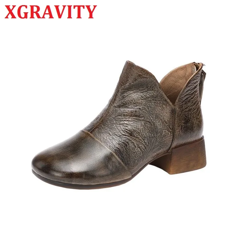 

XGRAVITY s101 Fashion Vintage Footwear Fretwork V Cut Designer Round Toe Mid Heel Pumps Autumn Ladies Boots Leather Boots Woman