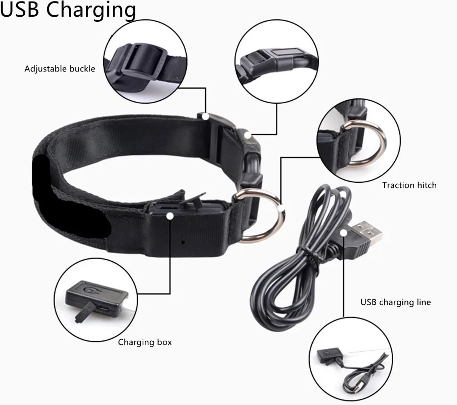 Светодиодный собачий ошейник с USB-зарядкой ночная безопасность мигающий ремень