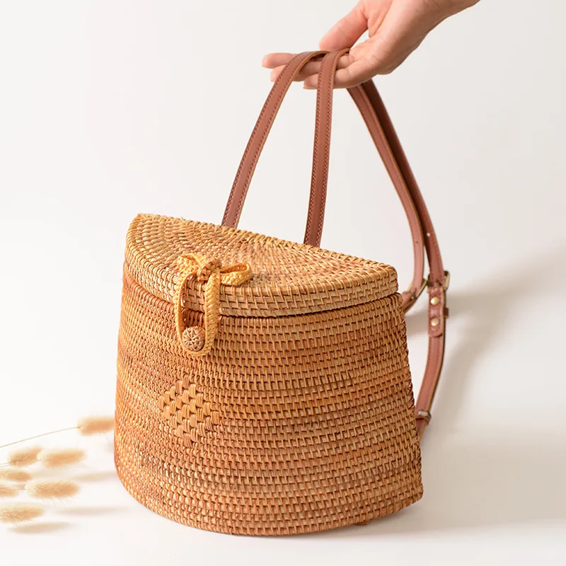 

Women's Backpack Basket Retro Hand Woven Bag PU Belt Backpack Straw Travel Beach Bag Summer 2020 Bohemia