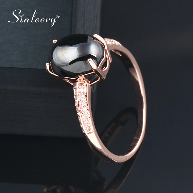 

SINLEERY Vintage Black Oval Opal Stone Rings For Women Rose Gold Color Crystal Engagement Jewelry JZ068 SSA