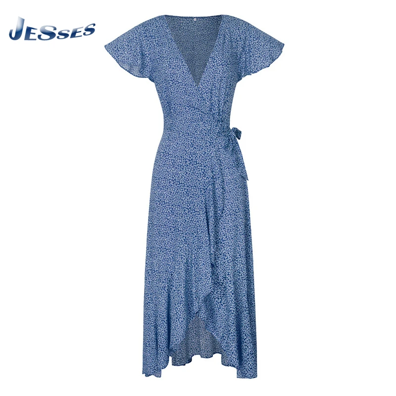 

Ladies Beach Style Waist Dress Short Sleeve V-Neck Vintage Maxi Dresses Printed Bohemia Irregular Long Robes Vestidos For Women