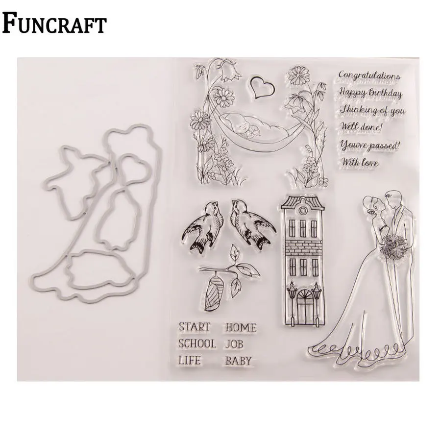 Красивая любовь поцелуй жениха и невесты дом птица на ветке сердца буквы штампы