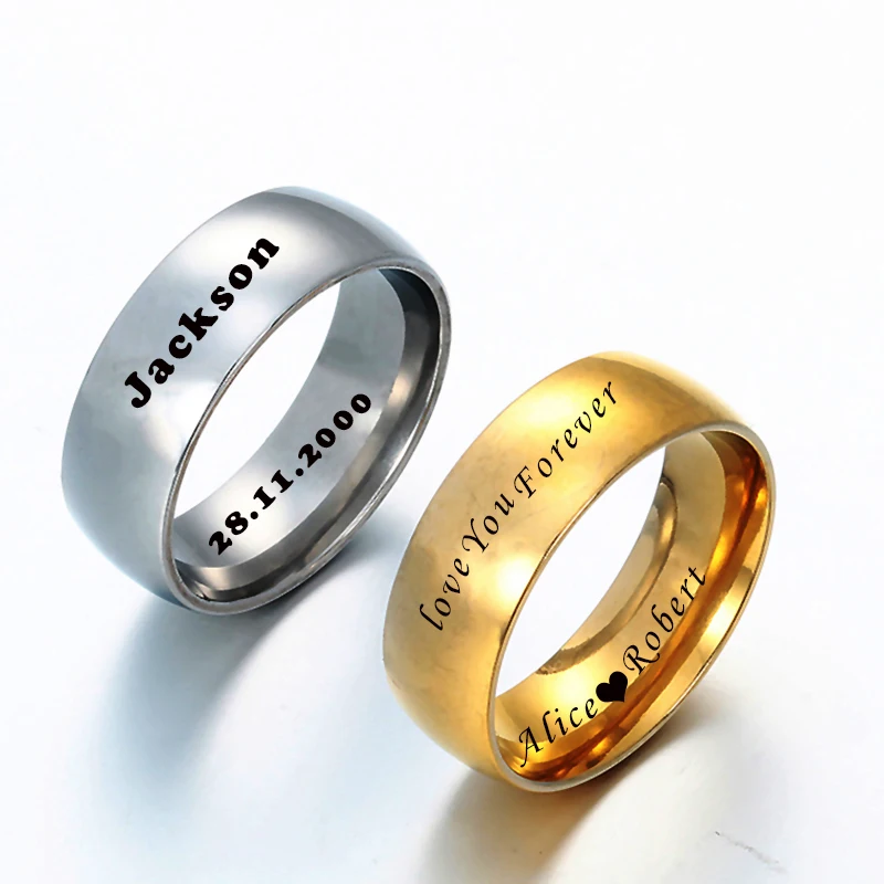 Acheerup Engrave Names Date Stainless Steel Couple Rings Customized Wedding 8mm Ring for Women Men Engagement Jewelry Gift vnox temperament wedding rings for women men cz stones stainless steel engagement band anniversary personalized gift jewelry