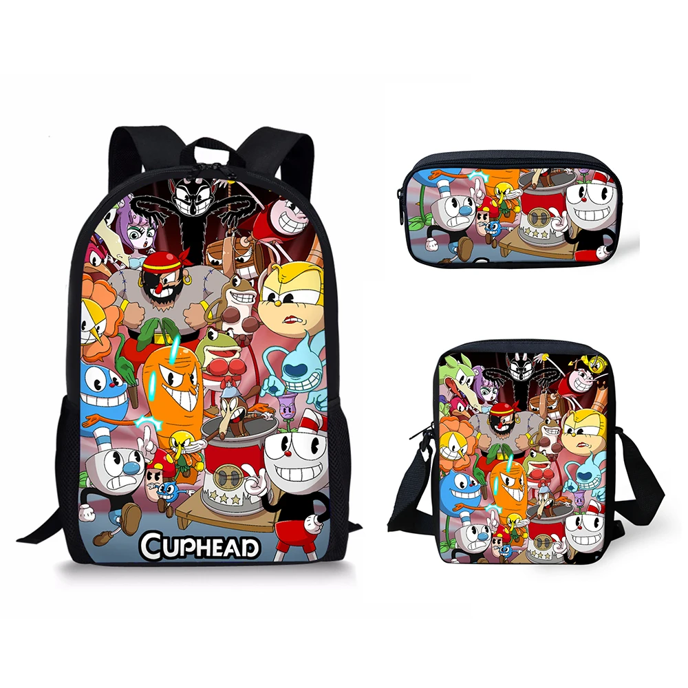 HALYUNASC 3PCs/Set Children's School Backpack Cuphead Pattern Kids School Bags Cartoon Anime Design Teenagers Book-Bags Set