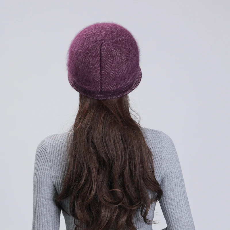 

Women Rabbit Fur Thick Velvet Knitted Hats Mother Caps Skullies Beanies Hats Winter Warm For Female Elegant Flower Basin Cap