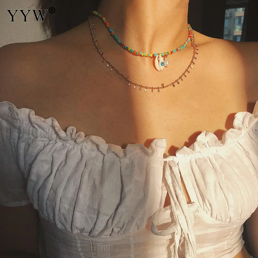 Женское Ожерелье из двух нитей/партия Разноцветные морские бусины ракушки