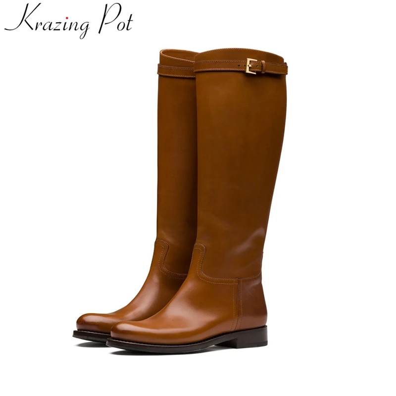 

Krazing Pot iINS ZA big size cow leather runway buckle classics riding thigh high boots winter warm runway solid knee-high boots