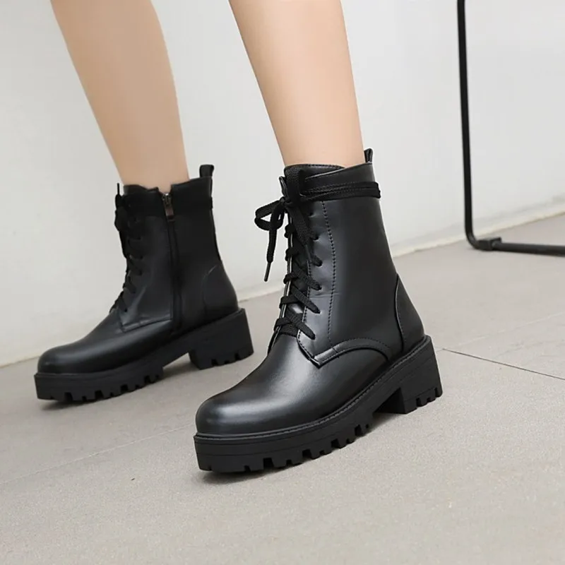 

Size 34-43 Women Martin Ankle Boots Round Toe Platform Fall Autumn Winter Booties Woman Cross Tied Chunky Heel Beige Black Shoes