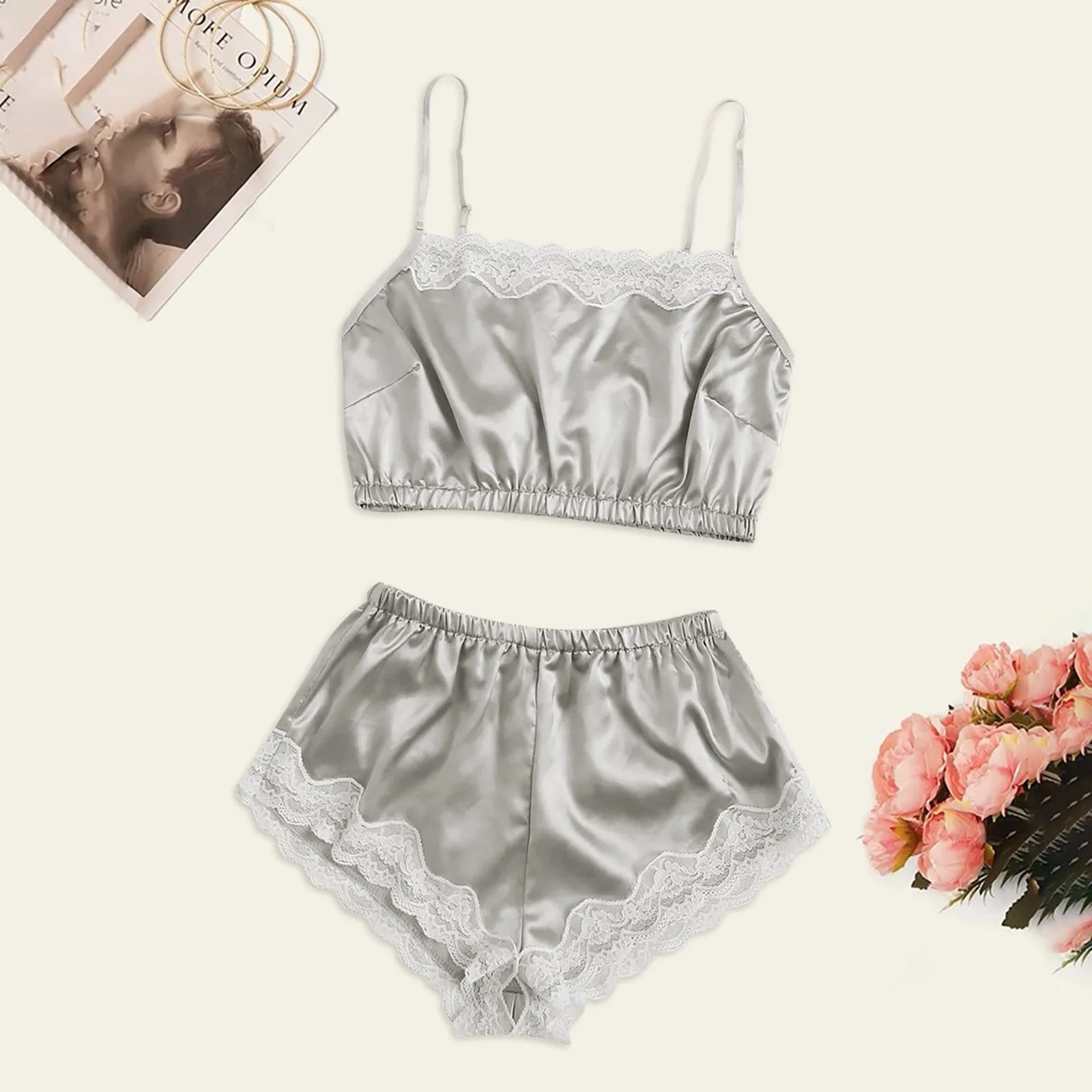 

Summer Sexy Women's Sleepwear Lace Lingerie Silk Underwear Sling Solid Color Pajamas Satin pyjama Sleep Tops Sets