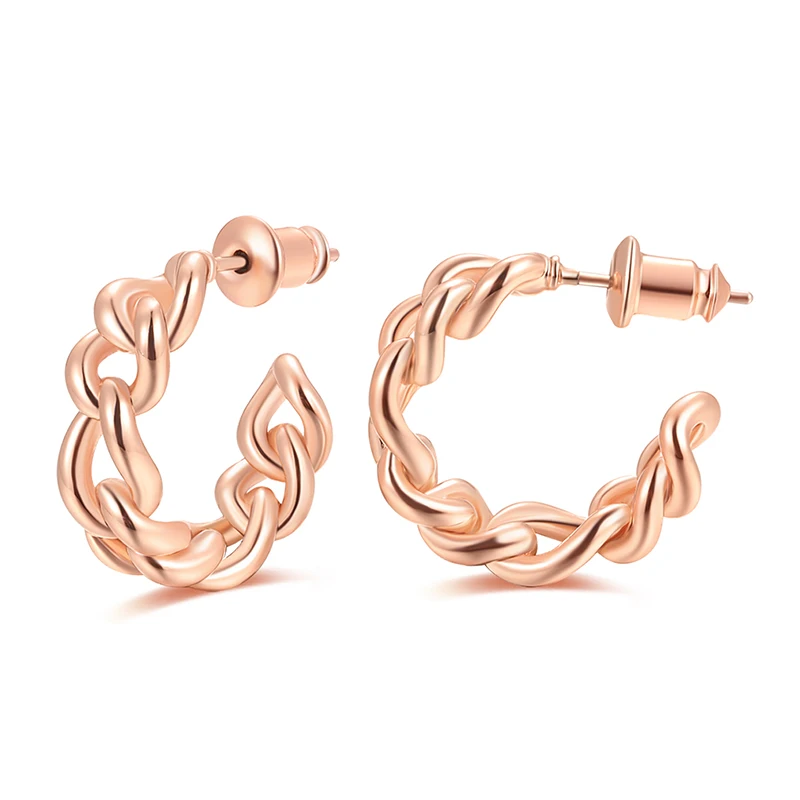 

Copper Cuban Chain Stud Earrings Rose Gold Plated Braided Chain Style C Shape Earrings For Women Fashion Wedding Jewelry Gift