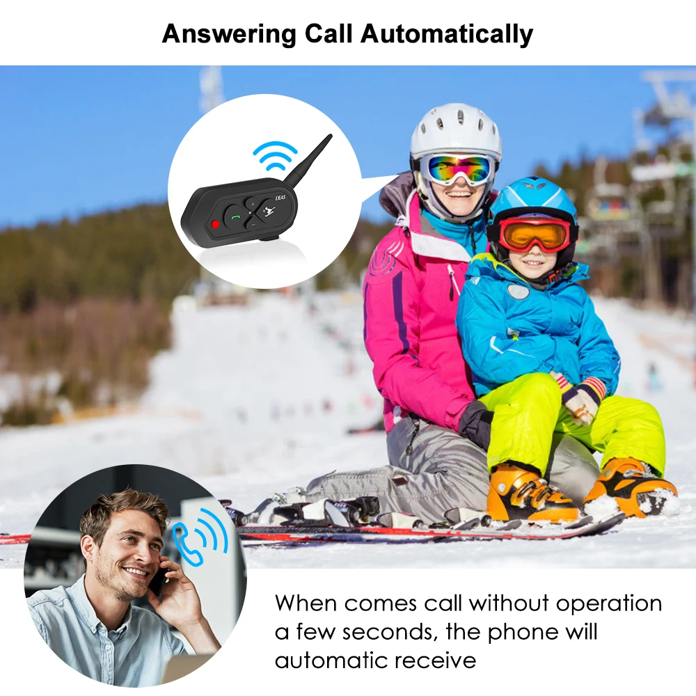 SKI intercom For 2 Skier 1200m Wireless Intercomunicador Moto Waterproof Realtime Talking BT Interphone 500mAh Audio Intercom
