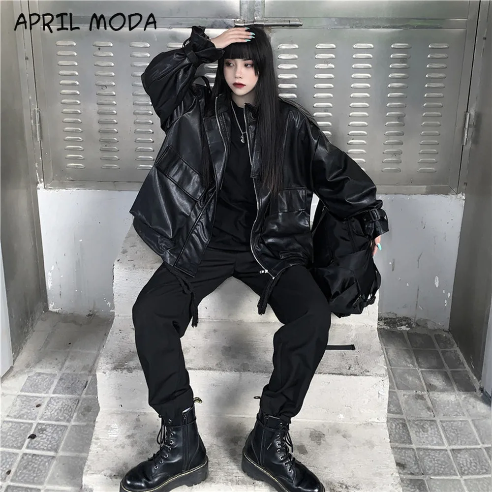 

Vintage 2020 New Autumn Women Pu Leather Jacket Woman Zipper Solid color Coat Female Black Punk Bomber Faux Leather Outwear