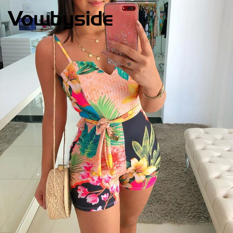 

Floral Print Lace-up Bodycon Rompers Women Summer Playsuit