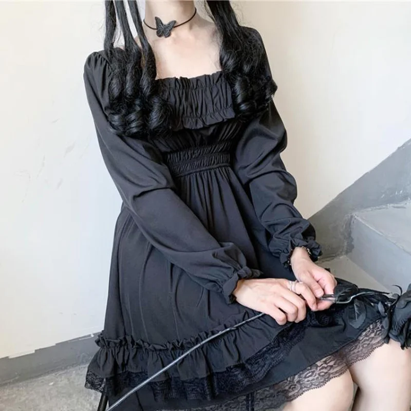 

Japanese Lolita Style Women Princess Black Mini Dress Slash Neck High Waist Gothic Dress Puff Sleeve Lace Ruffles Party Dresses