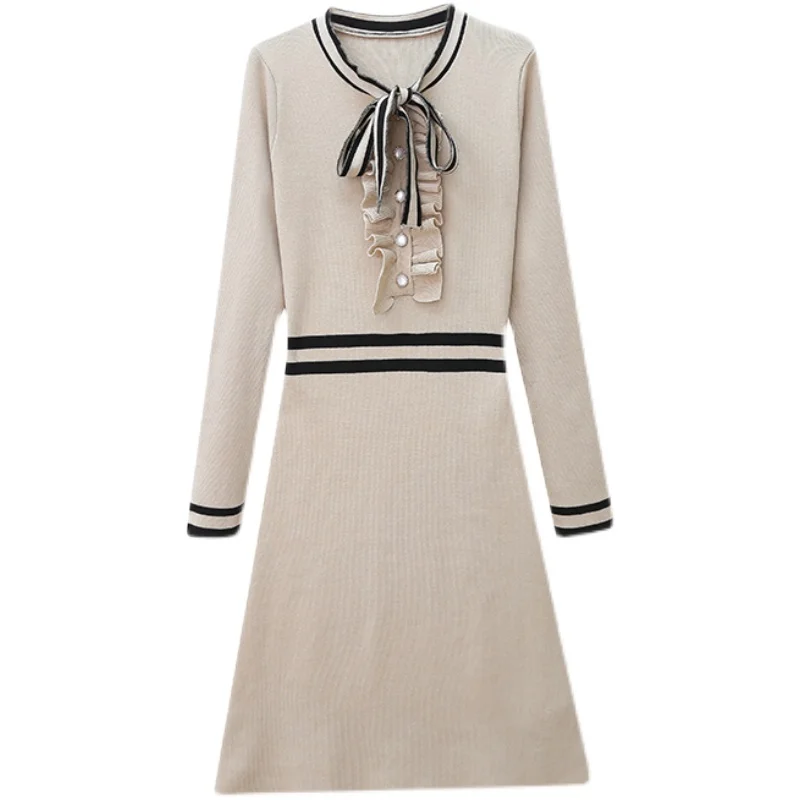 Винтажное трикотажное платье с воротником-бантом Женское зимнее элегантное