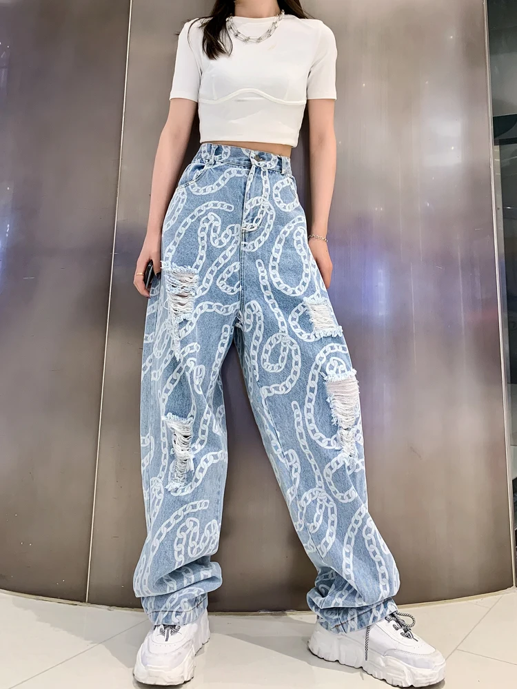 

Summer Retro Jeans Hara Juku New ins Hip-Hop 2021 High Waist Wide Leg Jeans Women Ripped Street Trousers Clothing