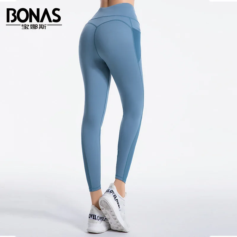 

Ylh European And American Fashion Mesh Stitching Pocket Nylon High Waist Spring And Autumn Sports Yoga Pants For Women