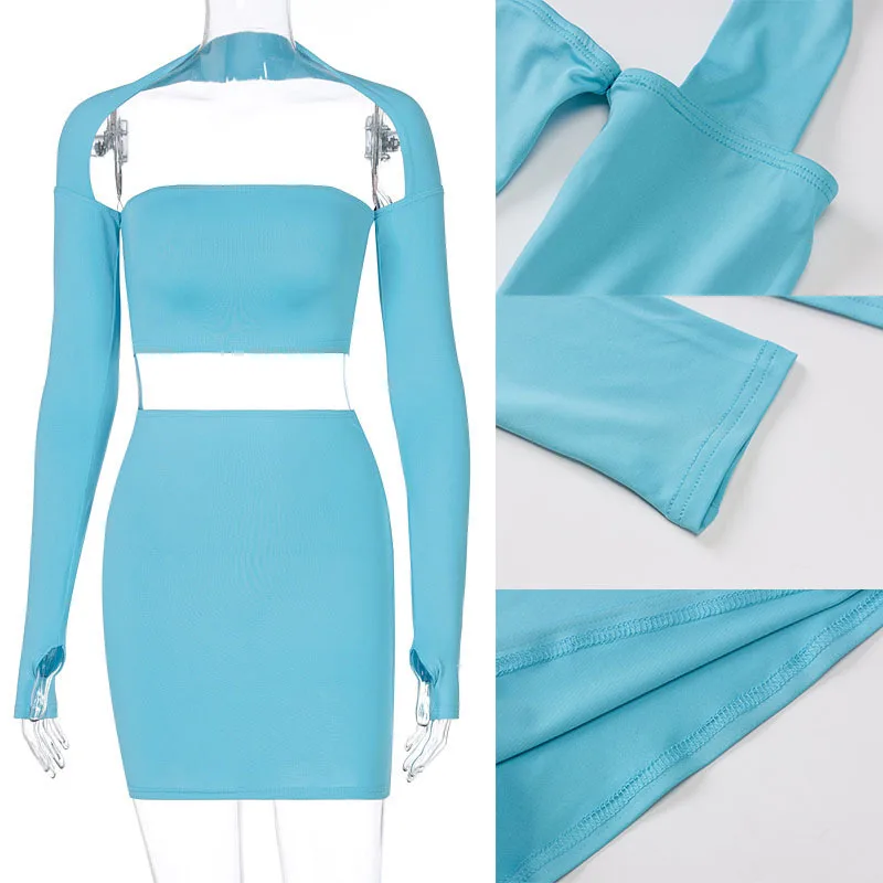 

Giyu Sexy Bodycon Two Piece Set Women Club Party Backless Crop Top Skirts Sets Autumn Long Sleeve Hollow Out Solid 2 Piece Set