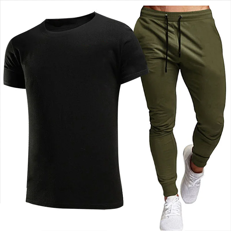 

2021New Men's Summer Leisure Sets T-Shirt+Pants Two Pieces Casual Tracksuit Male Sportswear Gym Breathable Clothing Sweat Suit