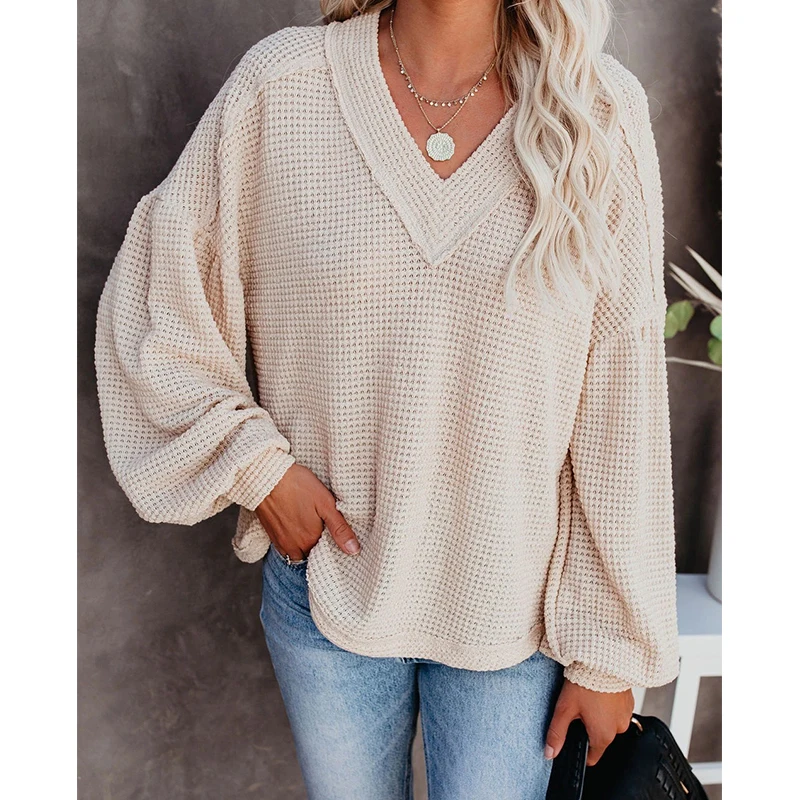 

Autumn Winter Women Solid Color Puff Long Sleeve V Neck Pullover Clothing Elegant Sweater Fashion Loose Casual Multi-Color Tops
