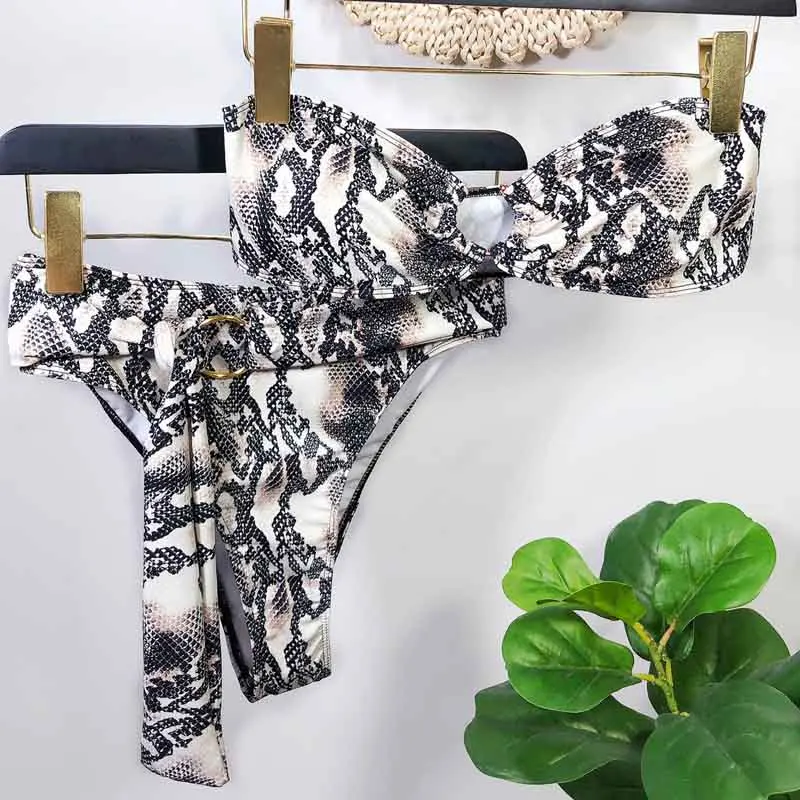 

Snakeskin Print High Waist Bikinis Set Ring Swimsuit Off Shoulder Ruffle Summer Swimwear Female Push Up Bathing Suit Sexy E30