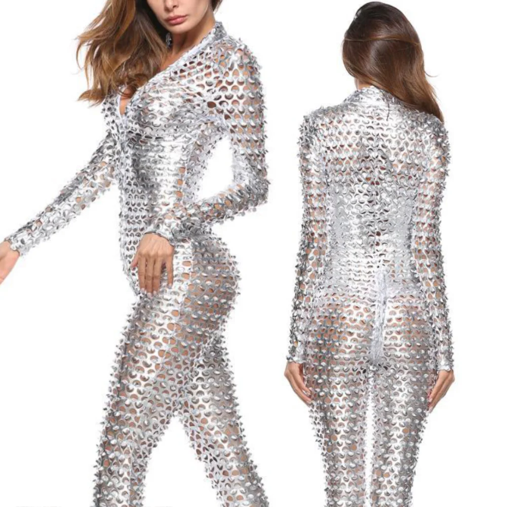 

Women Mesh Hole Zipper Faux Patent Leather Tight Jumpsuit Nightclub Bodysuit faux patent leather and one-piece jumpsuit design