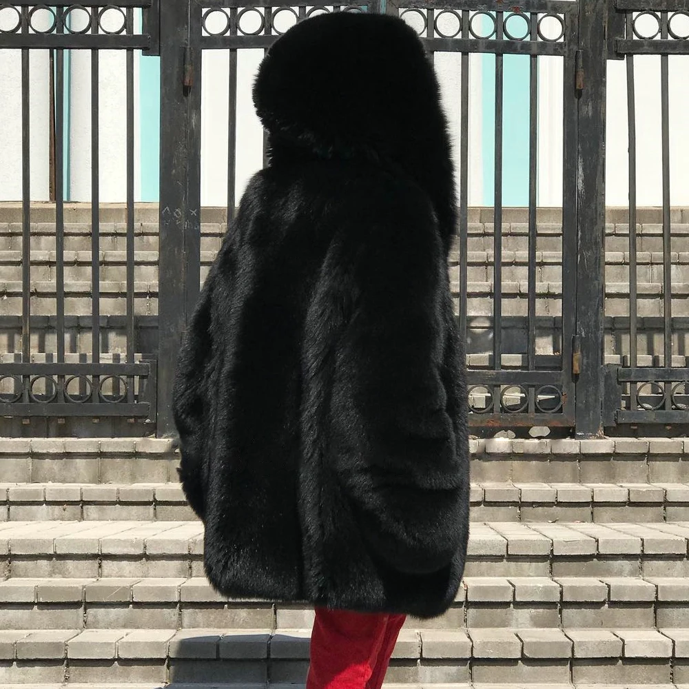 Black Genuine Fox Fur Coat with Hood Thick Warm Fur Overcoat Luxury Women Full Pelt Real Fox Fur Jacket Medium Length Outwear