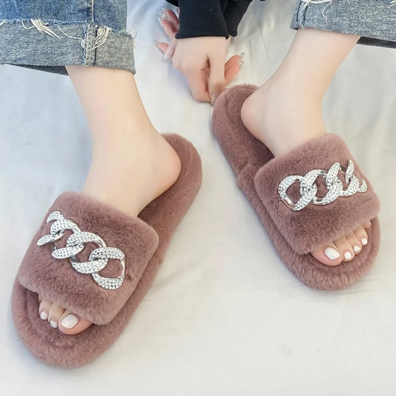 

House Short Plush Slippers Women's Open-toe One-word Plush Slippers Fashion Mental Decoration Flip-flops for Girls Fashion