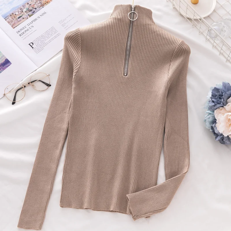 

Knitted bottoming shirt women's long-sleeved 2021 new autumn and winter half high neck round ring zipper tight pullover women