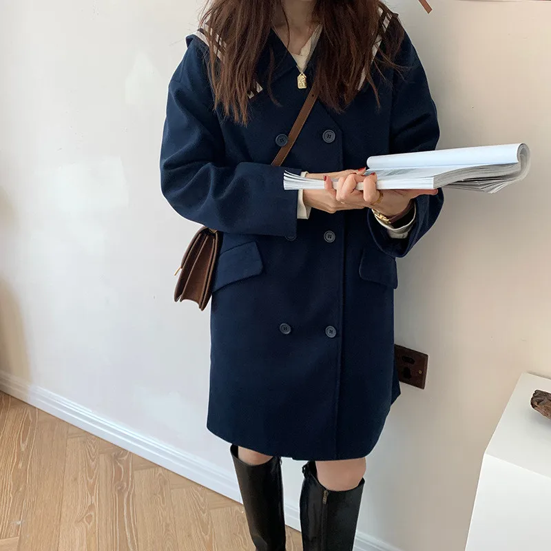 

2020 Autumn And Winter New Fashion Navy Collar Plus Cotton Jacket Mid Length Woolen Women's Coat Korean Style College Coat C522