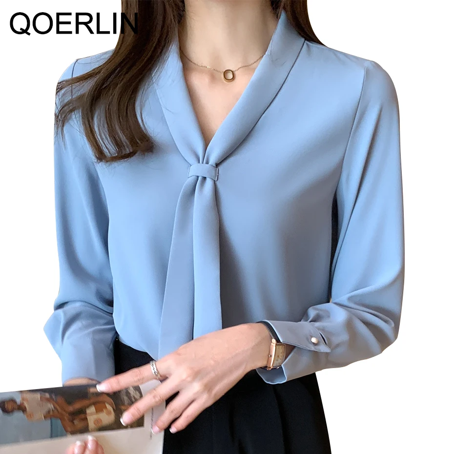 

QoerliN OL Style Bow Neck Blouse Tops Spring Blouse Women's White Chiffon Shirt Office V-neck Shirt Long Sleeve Shirt Plus Size