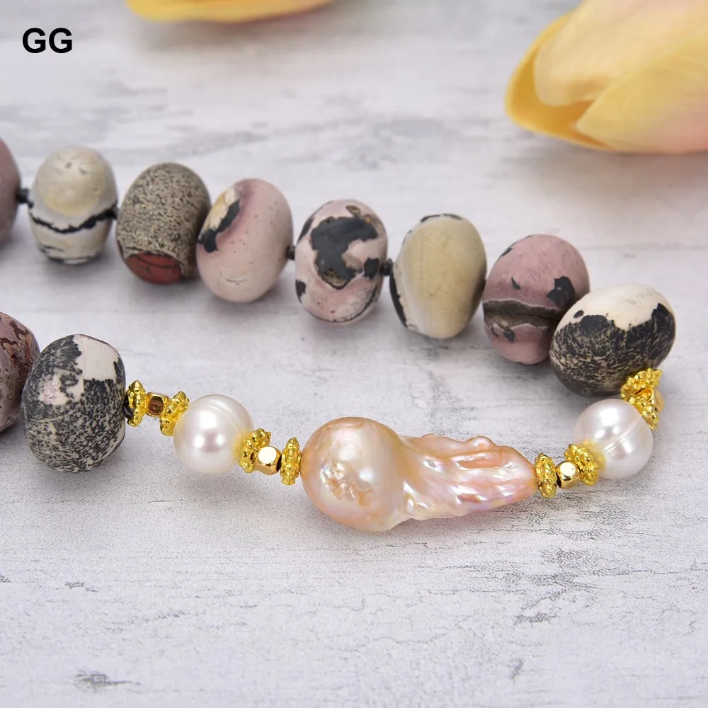 

GG Jewelry 20" 11x15mm Matte Picture Jaspers Stone Rondelle Natural Pink Keshi Pearl Necklace