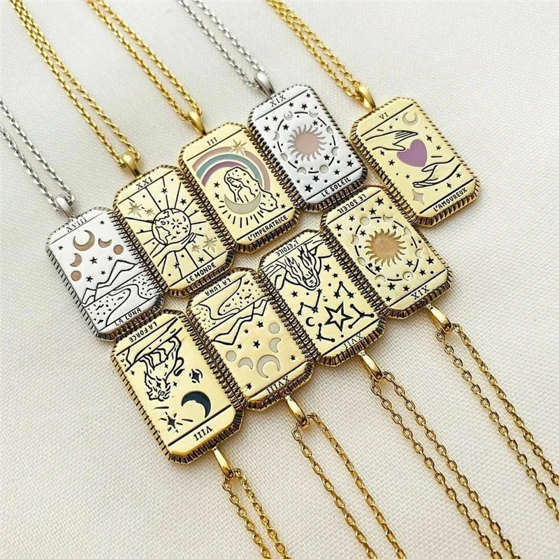 

Karopel Square Amulet Pendant Tarot Cards Vintage Necklace Women's Jewelry Gift Gold Plated Collar for Female Chain Zodiac Sun