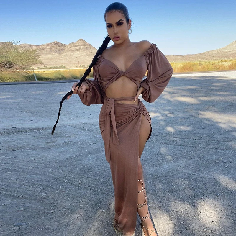 

Two Piece Outfits Tie up Lantern Long Sleeve Crop Top Ruched Side Split Skirt and Top Set Beach Matching Sets for Women