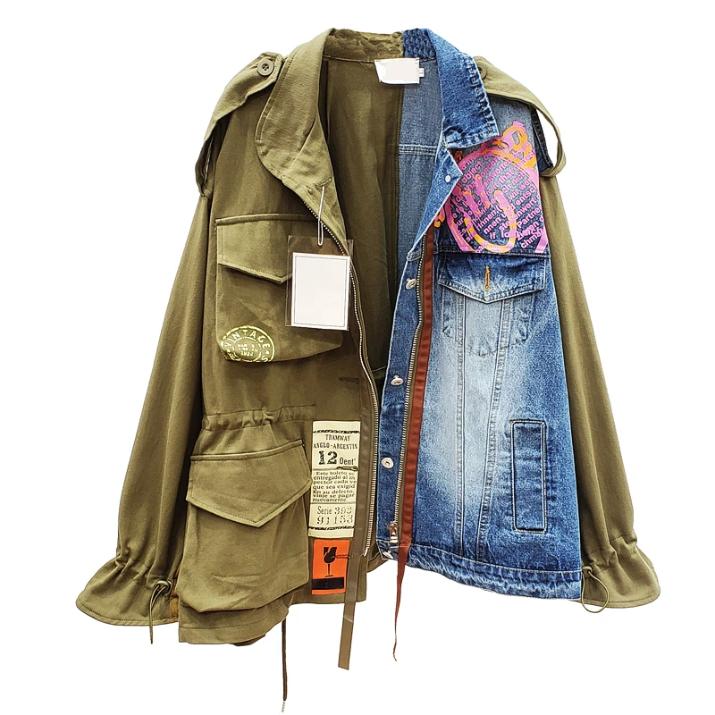 

2020 Pop Jean Jacket Street Style Vintage Student Tops Loose Type Contrast Color Patched Denim Coat Women