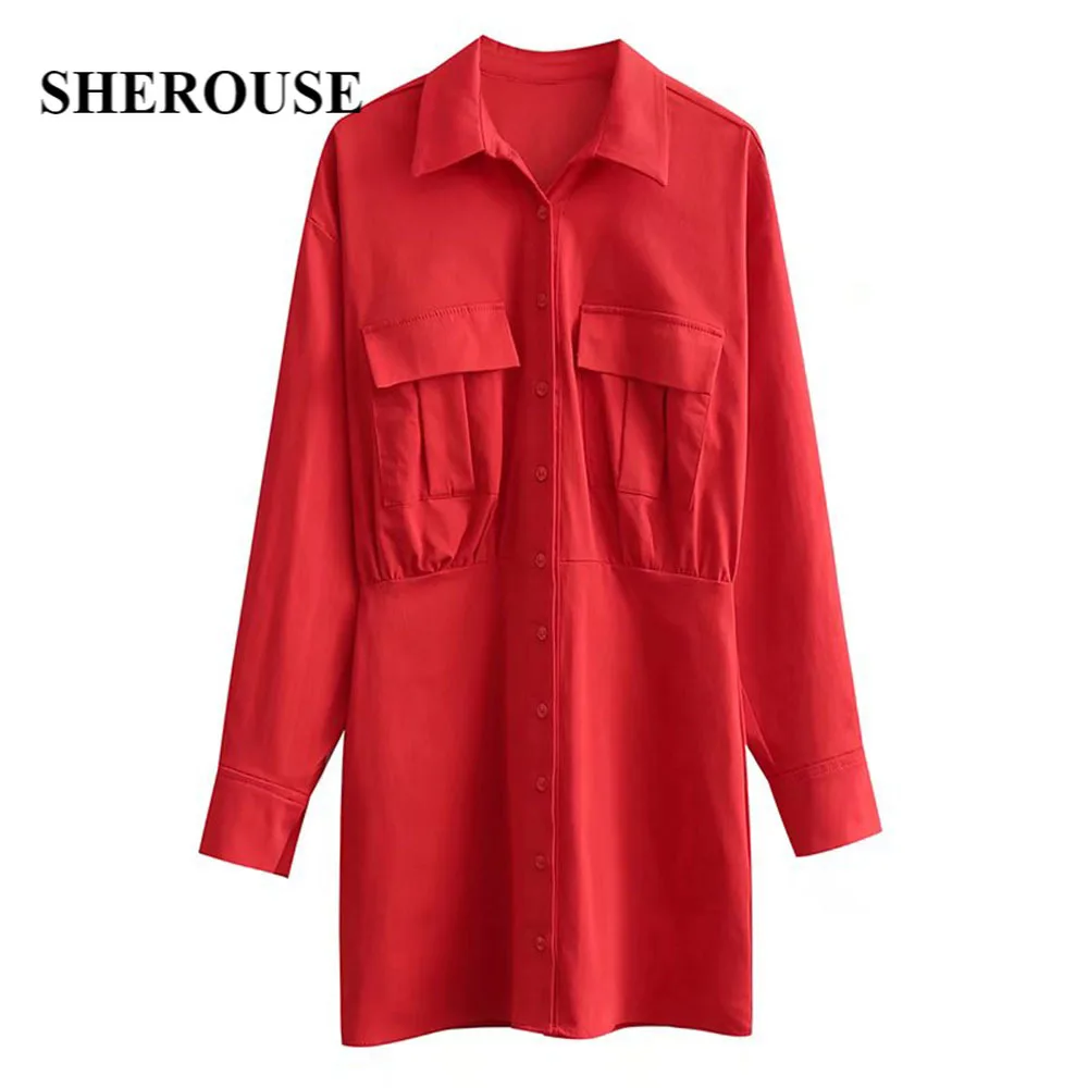 

Женское платье-рубашка из поплина Sherouse, длинное однобортное платье с рукавами-фонариками и карманами спереди, короткие женские платья