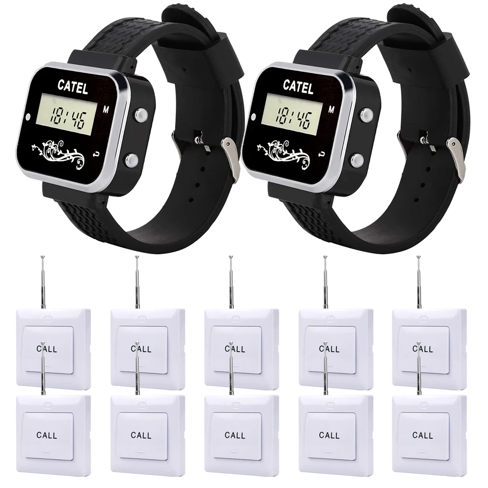 CATEL 2 Watch 10 Call Buttons Strong Signal Wireless Calling System Transmitter Pager for Restaurant Waiter Service Bell, Buzzer