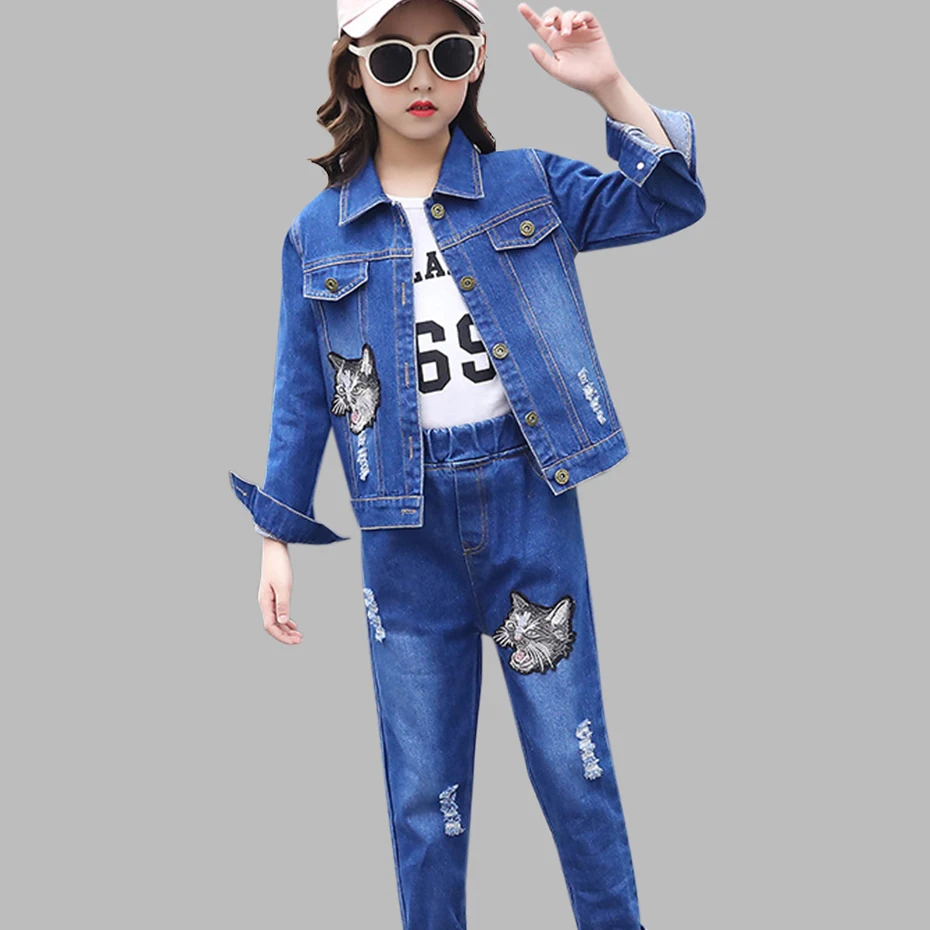 Комплект детской одежды для девочек куртка с вышитым котом + джинсы комплект из 2