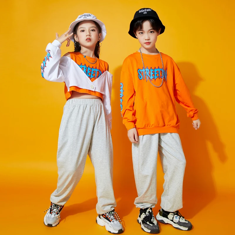 

Children Hip Hop Dance Costumes For Kids Long Sleeved Loose Pants Street Wear Jazz Modern Dance Clothes Stage Outfits DQS8099